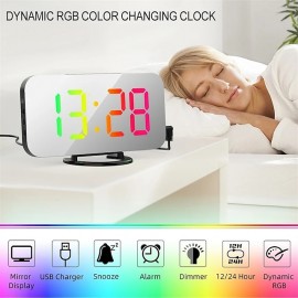 8813 Dynamic RGB Digital Alarm Clock Automatic Dimming Large HD Display Desktop Alarm Clock Dual USB Output Mirror LED Electronic Clock
